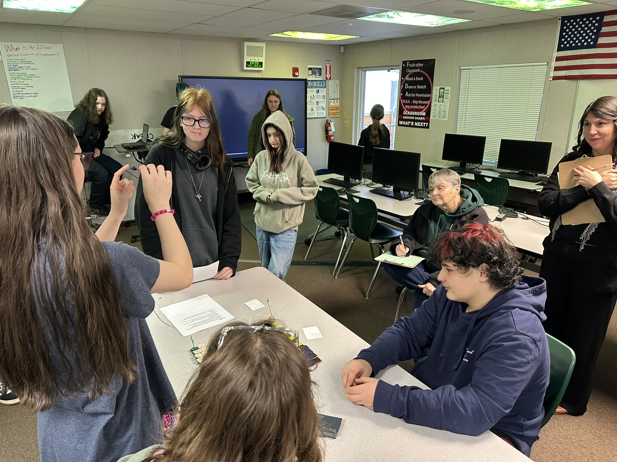 Two Cedar students in creative Halloween costumes outside the school
